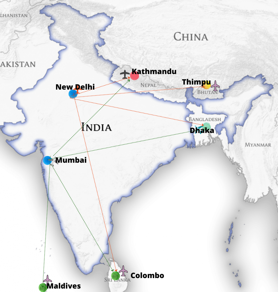 Srilanka, Maldives, Nepal , Bhutan and India flight connection map